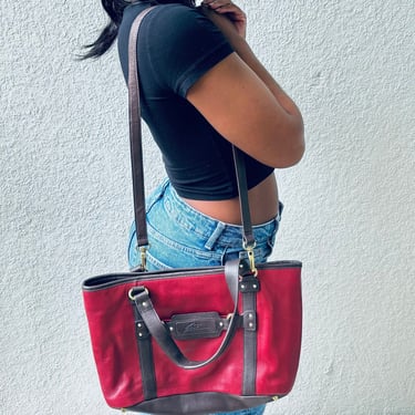 90s Vintage Stone Mountain Red & Brown Genuine Leather Shoulder Bag With Crossbody Strap 