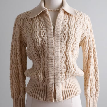 Adorable 1970’s Cable Knit Aran Wool Cardigan Sweater/ Sz M
