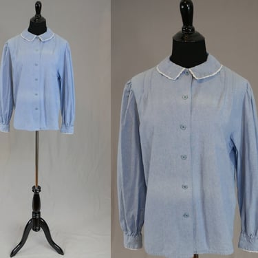 80s Laura Ashley Blouse - Light Blue Cotton Chambray - Small Collar w/ White Lace Trim - Vintage 1980s - M 
