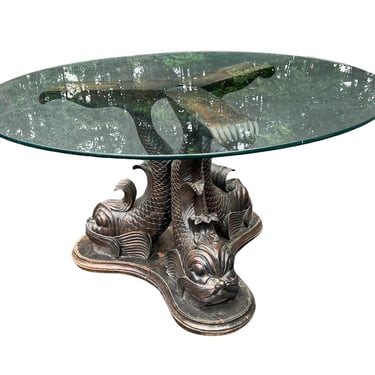 Antique wooden koi / dolphin heavily carved dining table with glass top 