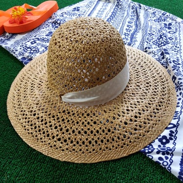 Vintage Raffia Straw Summer Hat with Neck Tie - White 