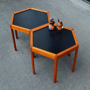 Two Hans C. Andersen Teak Hexagonal Side / Stacking Tables w/ Black Laminate