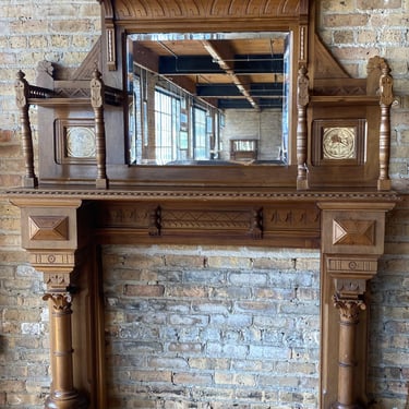 Full Mantle w Wood Carvings and Fairy-tale Tiles w Mirror