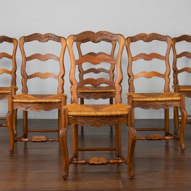 Antique Country French Louis XV Provincial Maple Rush Dining Chairs- Set of 6 