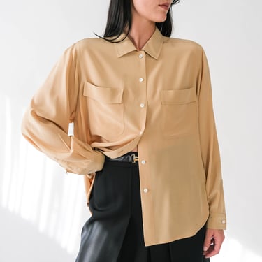 Vintage 80s JAEGER Nude Silk Cropped Boxy Fit Button Up Blouse w/ Billowy Sleeves | 100% Silk | 1980s Does 1940s English Designer Silk Shirt 