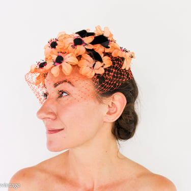 1950s Orange Flower Fascinator | 50s Orange Daisy Hat | Valerie Modes 