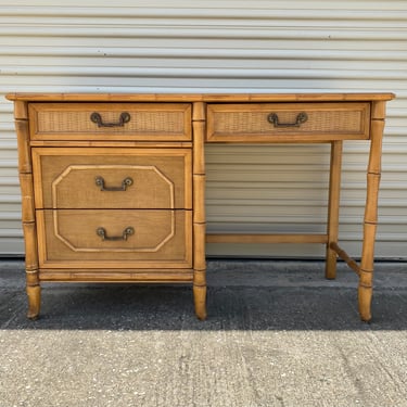 Faux Bamboo Desk with 4 Drawers by Broyhill - Vintage Wooden Hollywood Regency Coastal Style Furniture 