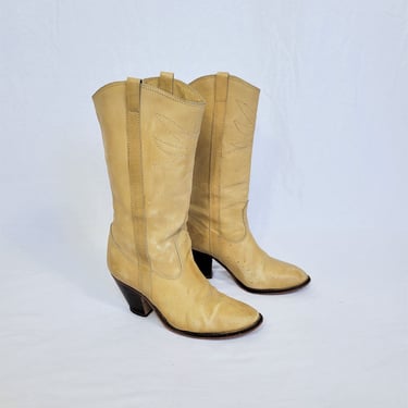 1970's Tan Distressed Leather Stacked Heel Western Cowboy Boots I Sz 9 I Amigos 