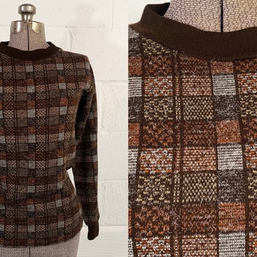 Vintage Bruxton Long Sleeve Sweater Squares Checked Jumper Knit Shirt Brown Geometric Geo Unisex 70s 1970s Medium Small 