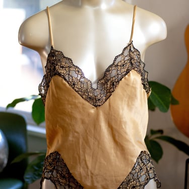 Vintage Teddy Bodysuit - 1970s, 1980s Lingerie - Gold and Black, Lace Trim 