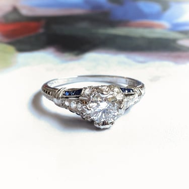 Vintage 1930’s Art Deco .69ct t.w. Diamond Sapphire Engagement Ring Platinum 