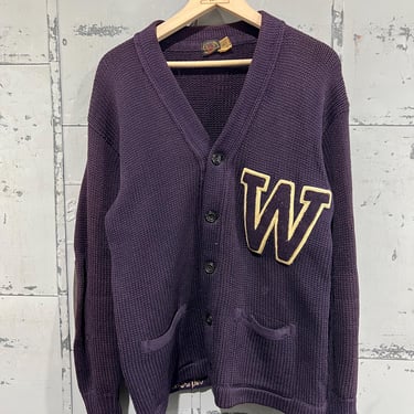 40s Lowe & Cambell Varsity Cardigan Sweater Eggplant purple W patch knit preppy costume 1940s 1950s Leather elbow patch 