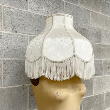 Vintage Lamp Shade Retro 1980s Fringe + Victorian Style + Bell Shape + Ivory + Cream + Floral + Scalloped + Mood Lighting + Home Decor 
