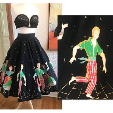 Killer Vintage 1950s Rare  Novelty Border Print Pleated Skirt with Dancers  --- Size 