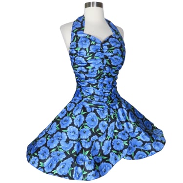 Vintage 80s Floral Print Halter Prom Party Dress S Small Blue Black Mini Hi Lo Petal Wrap Full Skirt Dress Top Sleeveless Backless Low Back 