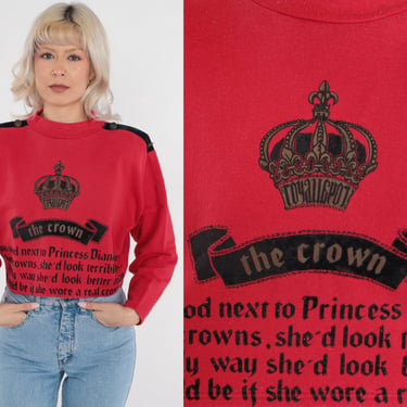 Princess Diana Shirt 90s The Crown T-Shirt Red Crop Top Long Sleeve Shoulder Epaulette UK Royal Graphic Blouse Lady Di Vintage 1990s Medium 