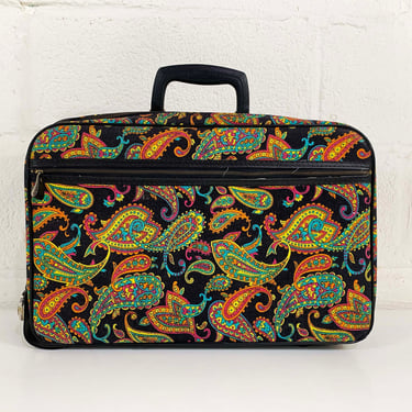 Vintage Small Suitcase Bantam Luggage Black Paisley Carry On Rainbow Floral Case Bag Makeup Overnight Travel 1970s 1960s Mod Kawaii Bantam 