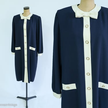 Lilli Ann | 1980s Navy & Creme Crepe Dress | 80s Navy Long Sleeve Shift Dress | Navy Coat Dress | Lilli Ann | Large 