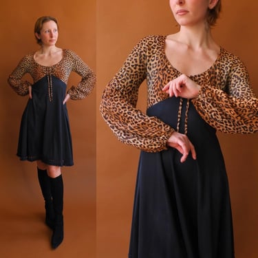 Vintage 70s Fredericks of Hollywood Balloon Sleeve Leopard Dress/ Size Small 