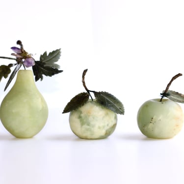 Natural Nephrite Jade and Amethyst Decorative Apples and Pear Silk Wrapped Twig Stem - Chinese Carvings Set of Three 1940s - 1950s 