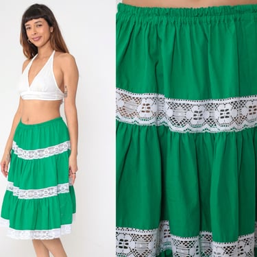 70s Peasant Skirt Green Tiered Lace Midi Skirt Square Dance High Waisted Boho Hippie Full Skirt Prairie Vintage 1970s Small Medium Large 