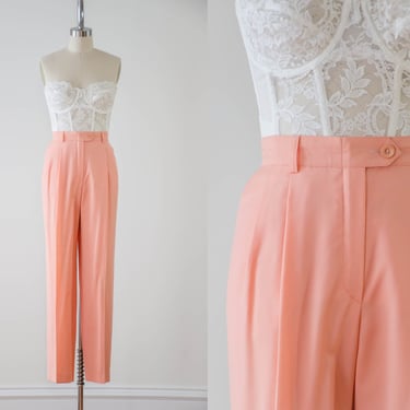 high waisted pants | 80s 90s designer vintage ESCADA pastel peach orange wool pleated cottagecore academia trousers 