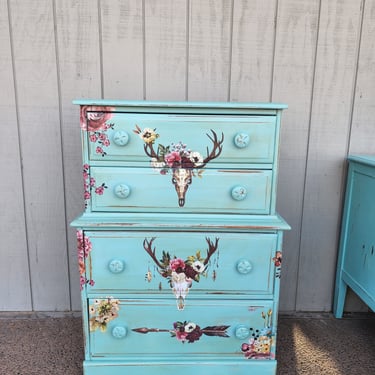 Teal Beautiful Floral + Rustic Skull Chest of Drawers