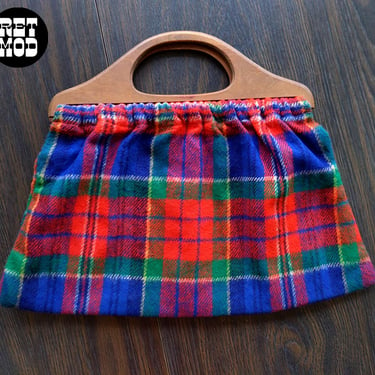 Cute Vintage 60s 70s Red Blue Green Plaid Handbag with Wood Handle 