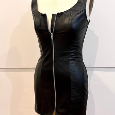 Vintage 90s Y2K  Leather Dress Zipper/ 1990s Vintage Black  Dress / Mini Rocker Punk Bandage Bodycon XS Small 