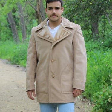 Vegan Jacket, Vintage Stratojac Coat, Faux Fleece Lined, Size 42L Men, Ultrasuede 