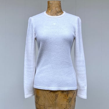 Vintage 1970s White Ribbed Courrēges Top, 70s Long Sleeve Acrylic Knit Pullover, Small 34" Bust 