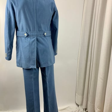 1970'S Denim Suit - by Lee - Belted Back Jacket - White Top Stitching - Flaired Slacks - Men's Size 42 Long 