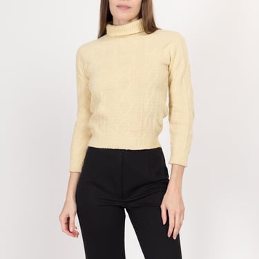 Petite XS 70s Cream Cable Knit Turtleneck Sweater | Vintage Lightweight Cropped Pullover 