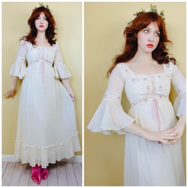 1970s Vintage Cream Cotton Gauze Maxi Dress / 60s Bell Sleeve Pink Ribbon Gown / Size Small 