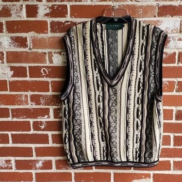 Vintage 80s/90s Tundra V Neck Sweater Vest  XL Cotton 3D Coogi like 