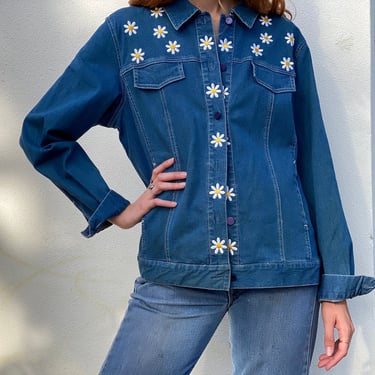 Vintage 90's Embroidered Denim Jacket / Stretchy Bob Mackie Chambray Jean Jacket 