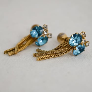 1960s Aqua Rhinestone and Chain Dangle Screw Back Earrings 