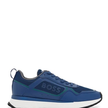 Boss Breathable Blue Sneakers With Green Details And White Sole Men