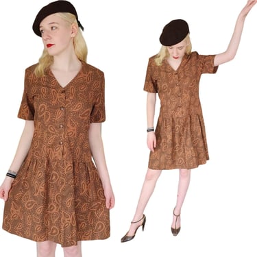 Vintage 60s Cotton Dress Brown Paisley Print Drop Waist 