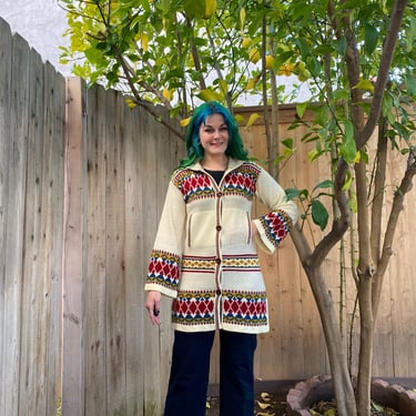 Vintage 1970’s Colorful Cardigan with Hood and Flared Sleeves 