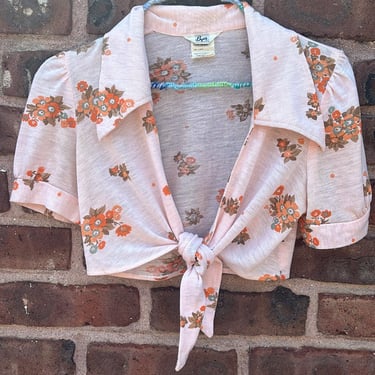 Vintage 1970s Floral Tiw Front Crop Top Byer California Cotton Poly Blend Small by TimeBa