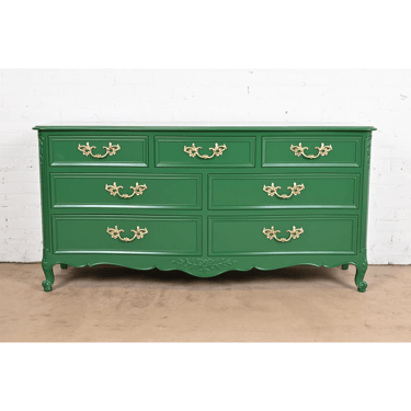 Kindel Furniture French Provincial Louis XV Green Lacquered Dresser, Newly Refinished