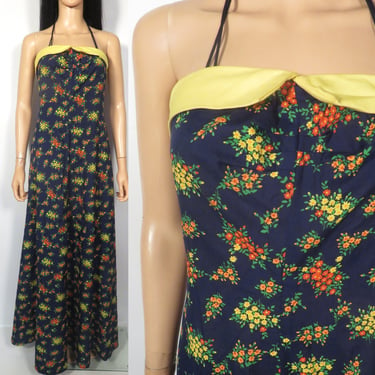 Vintage 60s/70s Floral Summer Halter Lightweight Maxi Dress Size S 