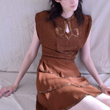 40s crepe rust copper beaded tiered dress 