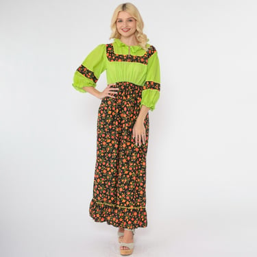 70s Floral Maxi Dress Peasant Dress Lime Green Boho Vintage Semi-Sheer Dress 1970s Bohemian High Waist Retro Black Ruffle Puff Sleeve Medium 