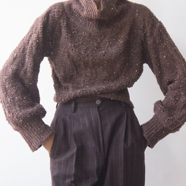 1970s Chocolate Bouclé Crocheted Turtleneck Sweater 