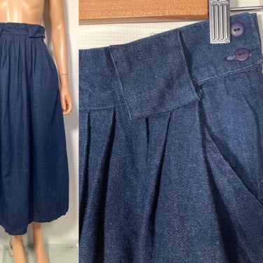 Vintage 80s High Waist Navy Denim Midi Skirt With Pockets Size 24 Waist 