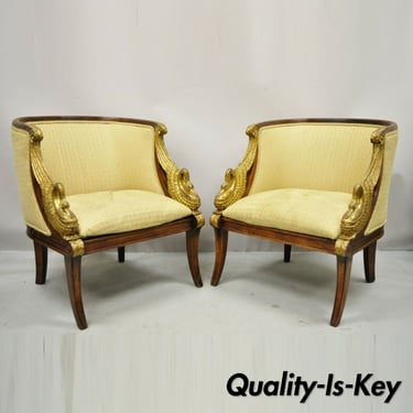 Italian Regency Carved Gold Gilt Wood Swans Barrel Back Club Chair - a Pair