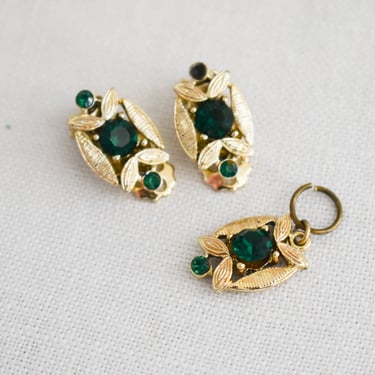Vintage Gold Metal and Green Rhinestone Clip Earrings and Pendant Set 