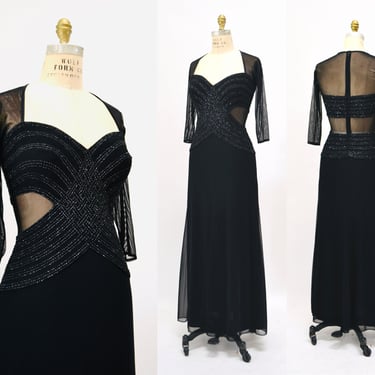 90s Vintage Black Metallic Evening Gown Prom Dress Illusion Dress Small // Black 90s Mesh Cut out Dress Bondage Dress Small Medium Tadashi 